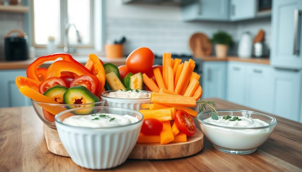 A neatly arranged selection of balanced lunch sides on a wooden table in a cozy, minimal kitchen. Vibrant slices of bell peppers, cherry tomatoes, and carrot sticks, complemented by creamy hummus and tangy tzatziki dip. Sprinkled with a touch of fresh herbs for a pop of color. The light blue accents of the kitchen cabinets and minimalist decor create a calming, inviting atmosphere, drawing the viewer's attention to the delightful assortment of nutritious snacks.