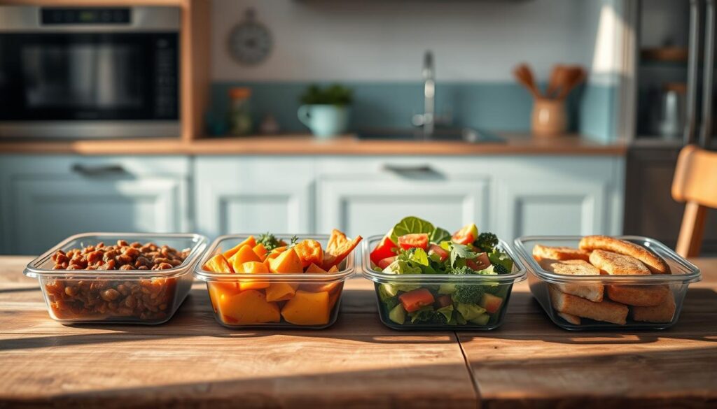 A neatly arranged selection of balanced microwave meals sits on a rustic wooden table, bathed in warm, natural lighting. In the foreground, three containers with a variety of colorful, well-portioned dishes - a hearty stew, a fresh salad, and a lean protein-packed meal. In the middle ground, a minimalistic kitchen with light blue accents provides a clean, inviting backdrop. The scene exudes a sense of simplicity, efficiency, and healthy living, perfectly capturing the essence of "Meal Prep for Work Microwave Essentials".