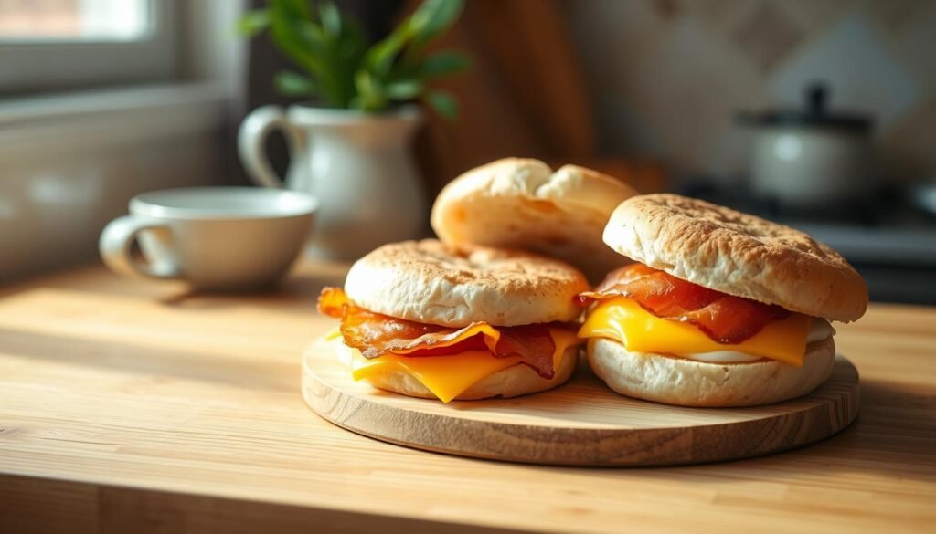 A neatly arranged selection of breakfast ingredients nestled on a wooden kitchen counter, artfully composed to showcase the simple yet high-quality components of a homemade freezer breakfast sandwich. Soft, fluffy English muffins, crisp slices of savory bacon, perfectly cooked egg patties, and creamy melted cheese stand out against the warm, earthy tones of the natural wood surface. Gentle natural light filters in through a nearby window, casting a soft glow over the scene and highlighting the mouthwatering details. The overall mood is one of effortless simplicity and rustic charm, inviting the viewer to imagine the satisfying flavors and textures of this quick, convenient breakfast prep.