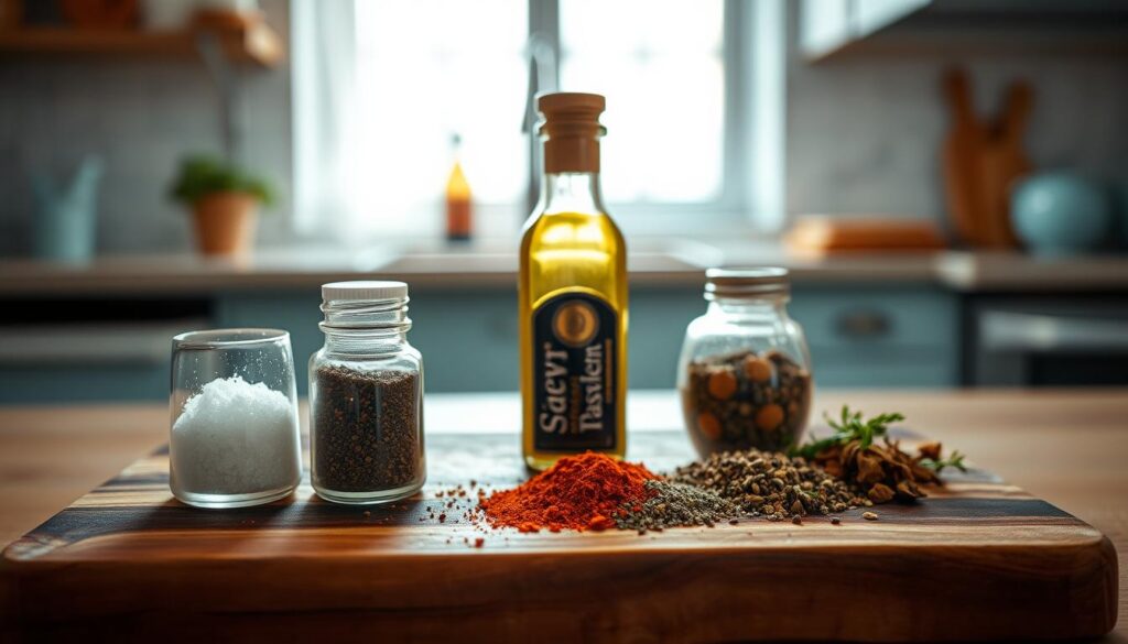 A neatly arranged selection of breakfast sandwich seasoning ingredients, including sea salt, black pepper, paprika, dried herbs, and a drizzle of olive oil, sits atop a rustic wooden cutting board. The warm, natural lighting casts a soft glow, highlighting the textures and colors of the seasonings. In the background, a minimalist kitchen with light blue accents provides a calming, inviting atmosphere, emphasizing the focus on the seasonings and their potential to enhance the flavors of a hearty breakfast sandwich.