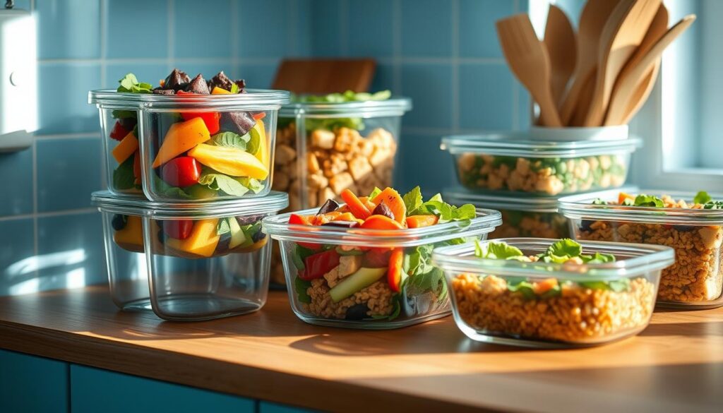 A neatly arranged selection of colorful, wholesome meal prep dishes sits on a wooden kitchen counter, bathed in soft, natural lighting. Sleek glass containers hold vibrant salads, roasted vegetables, and hearty grain bowls, showcasing the creativity and variety of flavorful, nutritious meals. Minimalist light blue accents provide a soothing, modern backdrop, highlighting the textured wood surfaces and the overall sense of order and intentionality. The scene conveys a balanced, wholesome approach to meal planning and preparation, inspiring the viewer to explore new, delicious possibilities for their weekly dinners.