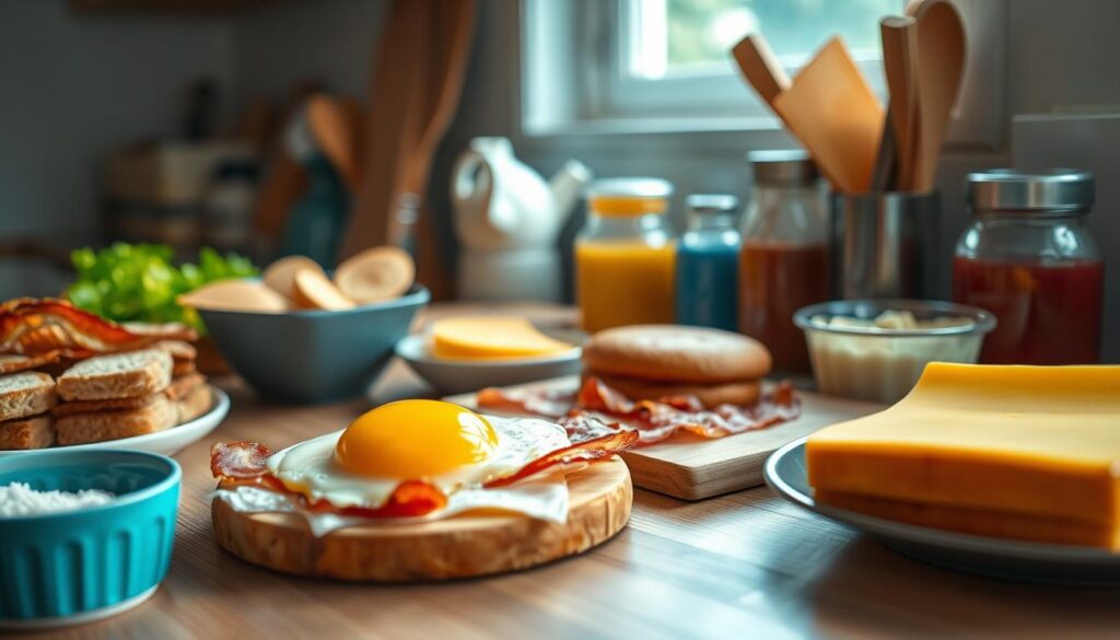 A neatly arranged selection of customizable breakfast ingredients on a wooden kitchen counter. Crisp bacon, fluffy eggs, melty cheese, and an assortment of breads and condiments await assembly. The natural lighting casts a warm, inviting glow, complementing the minimal, blue-accented aesthetic. Angles and focus emphasize the varied textures and colors, enticing the viewer to envision their perfect breakfast sandwich. No hand present, allowing the ingredients to take center stage.