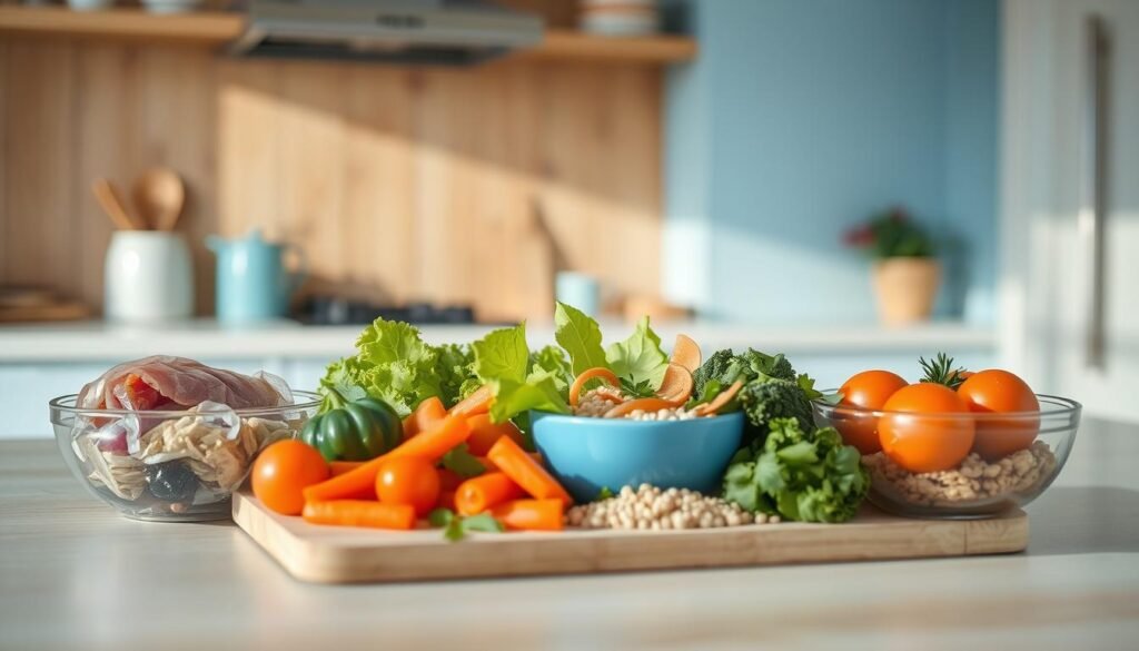 A neatly arranged selection of fresh, vibrant ingredients for a balanced meal, set against a backdrop of a cozy, minimalist kitchen with warm wooden textures and light blue accents. A variety of whole foods including crisp veggies, lean protein, hearty grains, and a sprinkle of herbs, all bathed in soft, natural lighting that casts gentle shadows. The scene conveys a sense of simplicity, organization, and efficiency, perfectly capturing the essence of prepping quick, nutritious lunches.