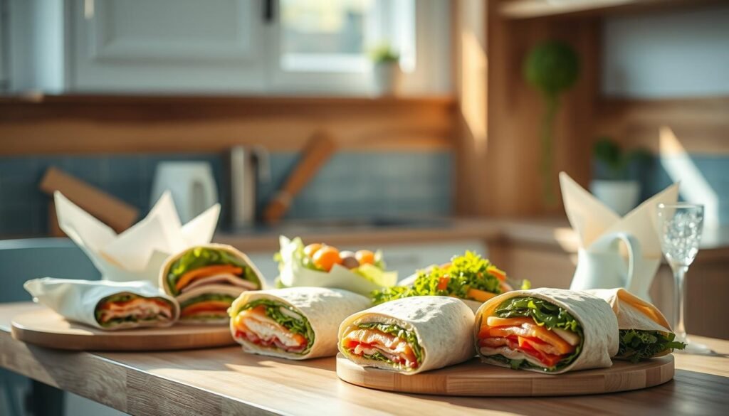 A neatly arranged selection of freshly prepared sandwiches and wraps in a cozy, minimalist kitchen. Sunlight filters through a window, casting a warm glow on the scene. Wooden textures and light blue accents create a serene, efficient atmosphere. The food items are meticulously organized, showcasing their individual flavors and textures. A sense of order and purpose permeates the composition, highlighting the benefits of cold lunch recipes for efficient meal planning.