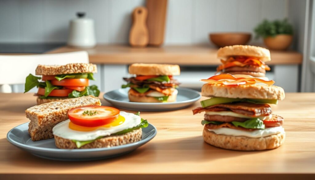 A neatly arranged selection of healthy breakfast sandwich variations, beautifully plated on a wooden surface with light blue accents in a cozy, minimalist kitchen setting. The foreground features an assortment of breads, such as whole wheat, multigrain, and English muffins, topped with vibrant ingredients like spinach, tomato slices, avocado, and a variety of lean protein options, including eggs, turkey bacon, and vegetarian sausage. The middle ground showcases the sandwiches in various stages of assembly, while the background hints at the kitchen's warm, natural ambiance with subtle wooden textures and a touch of soft, natural lighting. The overall mood is one of simplicity, health, and inviting culinary creativity.