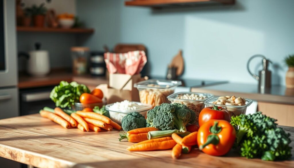 A neatly arranged selection of reheat-friendly ingredients on a rustic wooden table in a cozy, minimalist kitchen. In the foreground, a variety of vegetables, including carrots, broccoli, and bell peppers, are carefully displayed. In the middle ground, containers of rice, pasta, and lean proteins such as chicken and tofu are visible. The background showcases a light blue accent wall, adding a calming touch to the scene. The lighting is soft and natural, casting a warm glow over the ingredients, highlighting their fresh and vibrant colors. The overall atmosphere conveys a sense of simplicity, organization, and meal-prep-readiness.