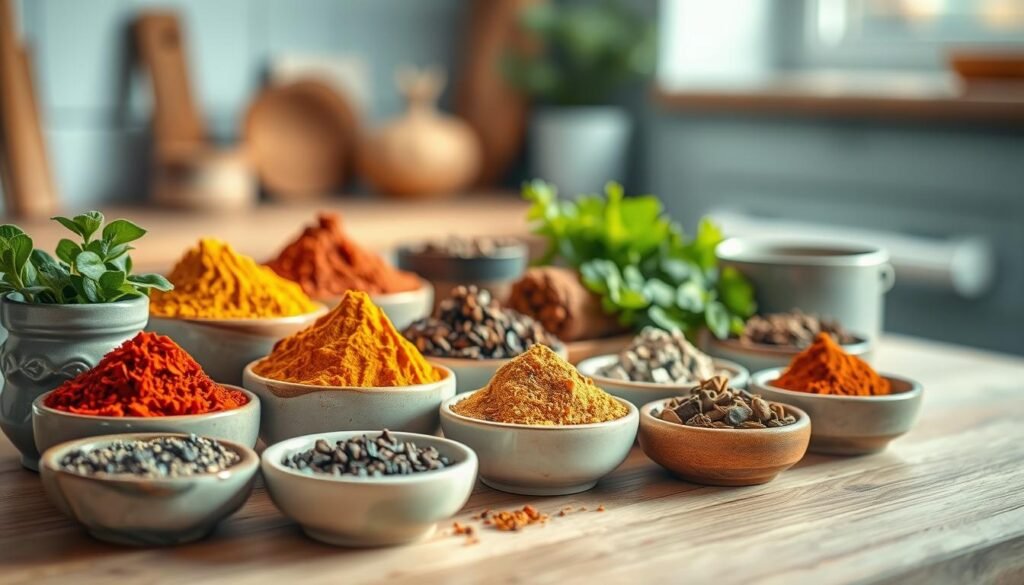 A neatly arranged selection of vibrant spice blends, dried herbs, and whole spices in small ceramic dishes, showcasing a harmonious palette of flavors that enhance a variety of protein-based dishes. The scene is set against a backdrop of a cozy, minimalist kitchen with warm wooden textures and light blue accents, creating a serene and inviting atmosphere. The lighting is soft and natural, casting a gentle glow over the carefully curated spice pairings, highlighting their unique characteristics and the endless possibilities for elevating the taste and aroma of any protein-centric meal.