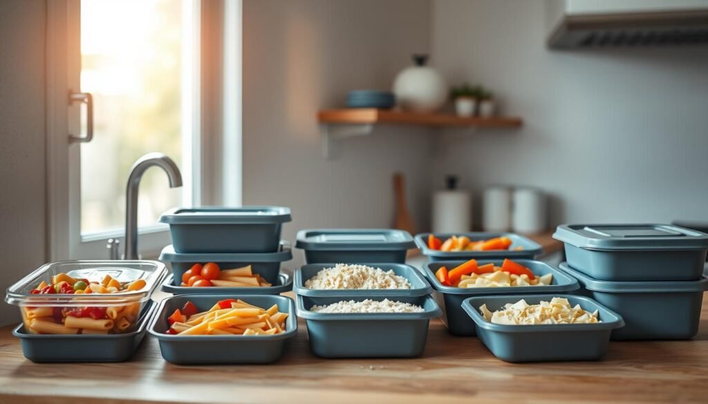 A neatly arranged set of Italian dinner meal prep containers sits atop a wooden kitchen counter. The containers, in various shades of blue and gray, are filled with carefully portioned ingredients like pasta, tomato sauce, roasted vegetables, and freshly grated Parmesan cheese. Overhead, soft natural light filters through a large window, casting a warm glow on the scene. The minimal, cozy kitchen features light blue accents, adding to the inviting atmosphere. The containers are positioned with attention to detail, creating a visually appealing and organized display that inspires a sense of culinary preparation and anticipation.