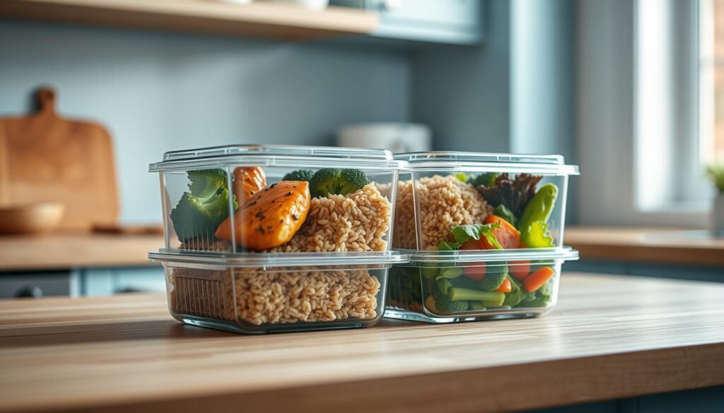 A neatly arranged set of balanced meal prep containers sits atop a wooden kitchen counter. The containers feature a variety of colorful, fresh ingredients - grilled chicken, steamed broccoli, brown rice, and a mixed salad. Soft, natural lighting filters in through a nearby window, casting a warm, inviting glow on the scene. The minimal, light blue accents of the kitchen create a calming, organized atmosphere, highlighting the nutritious, high-protein meal prep components. The overall composition conveys the power of thoughtful, custom-tailored meal planning to support personal health and fitness goals.