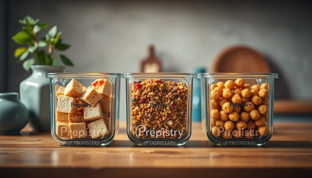 A neatly arranged set of glass containers on a wooden kitchen counter, each filled with a different protein-rich lunch component - marinated tofu cubes, lentil salad, and roasted chickpeas. The 