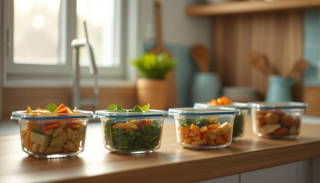 A neatly arranged set of glass meal prep containers in a cozy, minimalist kitchen. The containers are lined up on a wooden countertop, each filled with a variety of freshly prepared meals. Soft, natural lighting filters in through a nearby window, casting a warm glow and highlighting the clean, simple design of the containers. In the background, wooden textures and light blue accents create a calming, efficient atmosphere, ideal for batch cooking and meal preparation.