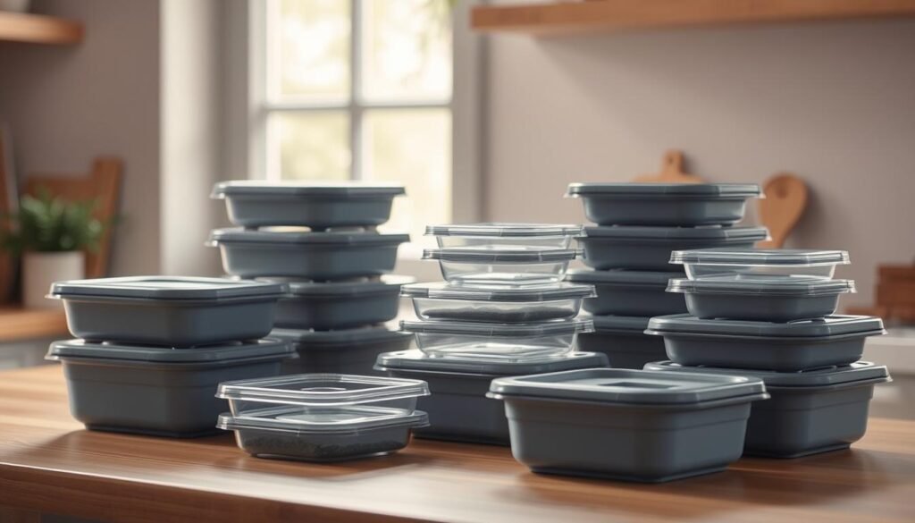 A neatly arranged set of meal prep containers in various sizes and shapes, made of high-quality, durable materials like tempered glass or BPA-free plastic. The containers are organized on a wooden kitchen counter, with a soft, diffused natural light filtering in from a nearby window, casting gentle shadows and highlights. The containers feature tight-fitting lids, some with compartments for separate food groups, and a muted color palette of blues, grays, and whites, complementing the warm, minimalist kitchen aesthetic. The overall scene conveys a sense of efficiency, organization, and a commitment to healthy, homemade meals.