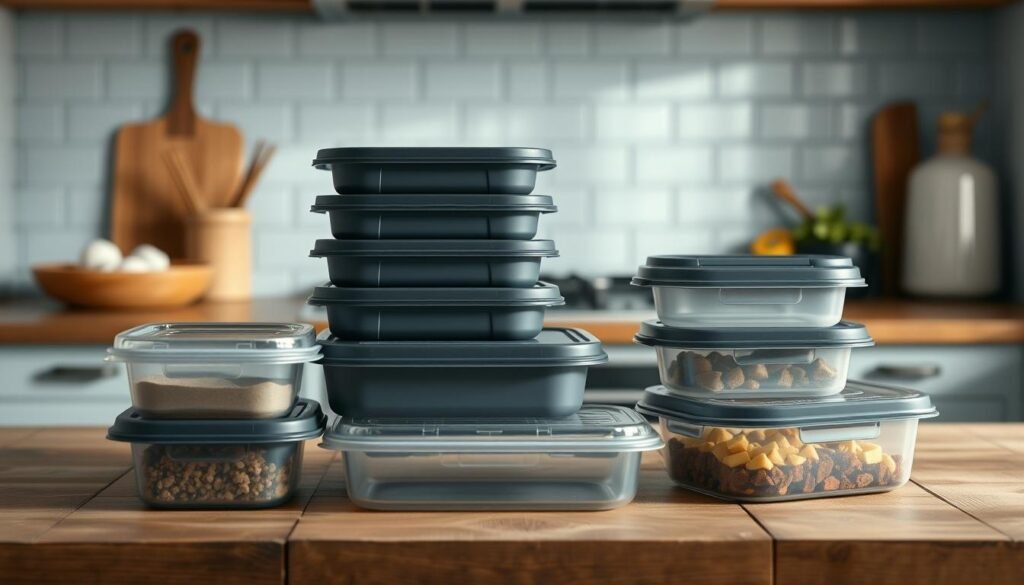 A neatly arranged set of meal prep containers in various sizes and shapes, made of durable, BPA-free plastic with tight-fitting lids. The containers are placed on a rustic wooden kitchen counter, with a light blue backsplash and minimal décor providing a clean, organized backdrop. Soft, diffused lighting illuminates the scene, casting gentle shadows and highlighting the textural details of the containers. The overall mood is one of efficiency, practicality, and a focus on healthy, portioned meals to support athletic performance and recovery.