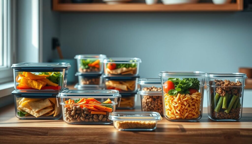 A neatly arranged set of meal prep containers in various sizes and shapes, showcasing a range of food items. The containers are made of durable, transparent glass or BPA-free plastic, allowing the fresh, vibrant colors of the meals to shine through. The containers are placed on a wooden kitchen counter, surrounded by a minimalist, light blue-accented decor. Soft, natural lighting from a nearby window creates a warm, inviting atmosphere, highlighting the containers' sleek design and the attention to detail in the meal preparation. The overall scene conveys a sense of organization, efficiency, and a commitment to a sustainable, high-protein diet.