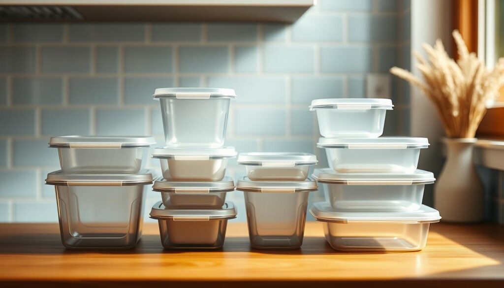 A neatly arranged set of modern meal prep containers in a range of sizes, made from durable, BPA-free plastic with airtight lids, sitting on a wooden kitchen counter against a light blue tiled backsplash. The containers are illuminated by soft, diffused natural light streaming in through a nearby window, casting subtle shadows and highlights that accentuate their simple, minimalist design. The overall scene conveys a sense of organized efficiency and practicality, perfectly suited for the task of batch cooking and meal prepping.