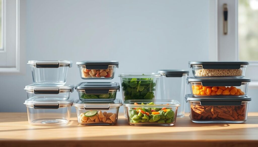 A neatly arranged set of modern, sleek food storage containers in various shapes and sizes made of clear glass or BPA-free plastic, with minimalist metal or silicone lids, resting on a wooden countertop bathed in soft, even natural lighting from a nearby window. The containers are showcased against a backdrop of light blue-painted walls, creating a calming, uncluttered atmosphere perfect for organizing and transforming office meal prep leftovers into new, nutritious dishes.