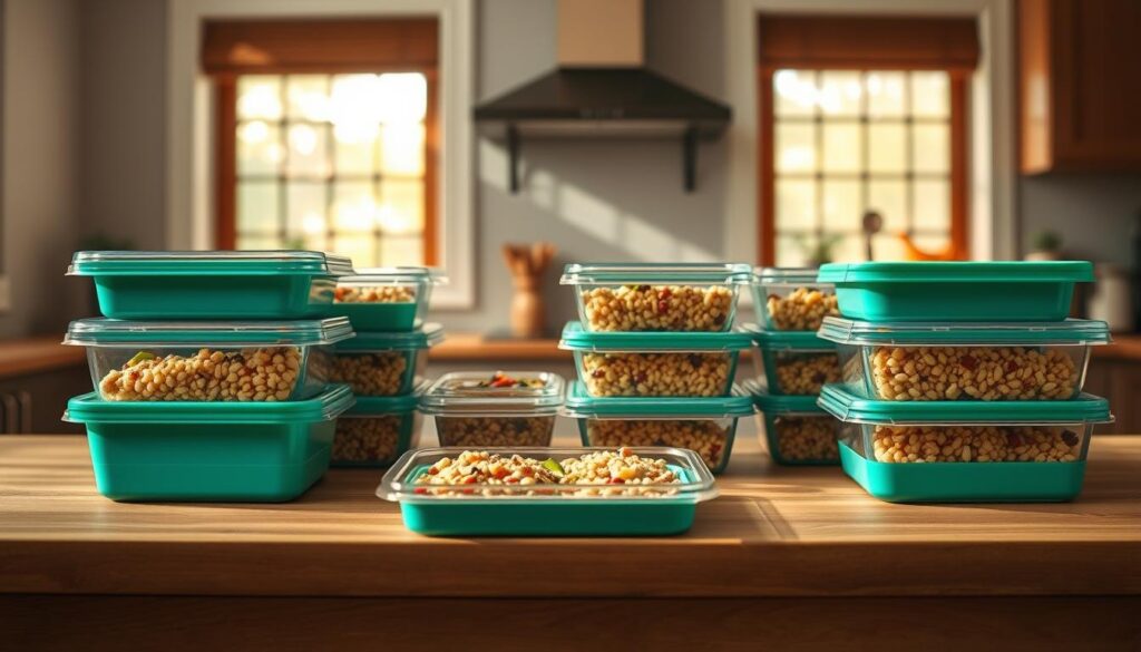 A neatly arranged set of quinoa meal prep containers sits on a wooden kitchen counter, their vibrant colors and sleek shapes catching the soft, natural light streaming in from nearby windows. The containers are meticulously organized, each one filled with a delectable quinoa-based meal, ready to be enjoyed. The scene evokes a sense of order, efficiency, and a commitment to healthy eating, perfectly complementing the "Conclusion" section of the "High Protein Lunch Prep Quinoa Complete Protein Bowls" article. The overall atmosphere is one of calm, simplicity, and the satisfaction of a nutritious, well-prepared meal.