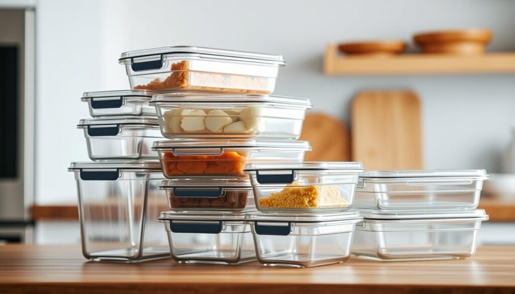 A neatly arranged set of rectangular meal prep storage containers in various sizes, made of clear glass or sturdy plastic, resting on a wooden kitchen counter with a light blue accent wall in the background. The containers have airtight lids and are stacked in a visually pleasing manner, showcasing their organization and efficiency for storing portioned meals. The lighting is soft and natural, highlighting the clean lines and textures of the containers and the kitchen setting. The overall atmosphere conveys a sense of practicality and thoughtful meal planning.