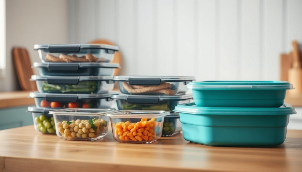 A neatly arranged set of reusable meal prep containers in various sizes, shapes, and colors sit on a wooden kitchen counter. The containers are made of durable, clear plastic with tight-fitting lids, allowing for easy visibility of the contents. The lighting is soft and diffused, creating a warm, inviting atmosphere. The background showcases a minimal, light blue-accented kitchen, with subtle wooden textures adding a natural, calming vibe. The overall scene conveys a sense of organization, efficiency, and thoughtfulness - the perfect setup for a one-hour lunch meal prep session.