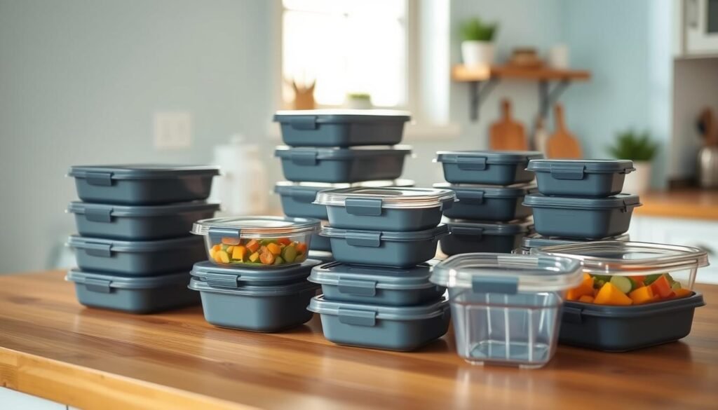 A neatly arranged set of sleek, modern meal prep containers in various sizes and shapes, made of durable, BPA-free plastic with airtight lids. The containers are placed on a wooden kitchen counter, against a backdrop of light blue walls and minimal decor, creating a cozy, organized atmosphere. Soft, natural lighting from a nearby window casts a warm glow on the scene, highlighting the containers' clean lines and minimalist design. The overall composition conveys a sense of preparedness and efficiency, perfectly suited for the "Smart Strategies and Tools for Meal Prep on the Go" section of the article.