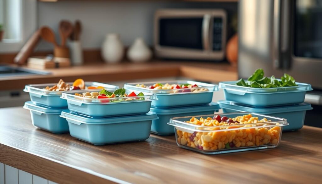 A neatly arranged set of vegan meal prep containers rests on a wooden kitchen counter. The containers have a sleek, minimalist design with light blue accents, complementing the cozy, natural ambiance of the space. The containers are filled with a variety of vibrant, plant-based meals, showcasing the diversity and tastiness of vegan cuisine. Soft, diffused lighting illuminates the scene, creating a calming and inviting atmosphere. The overall composition emphasizes the convenience and appeal of vegan meal prepping for the office, reflecting the 