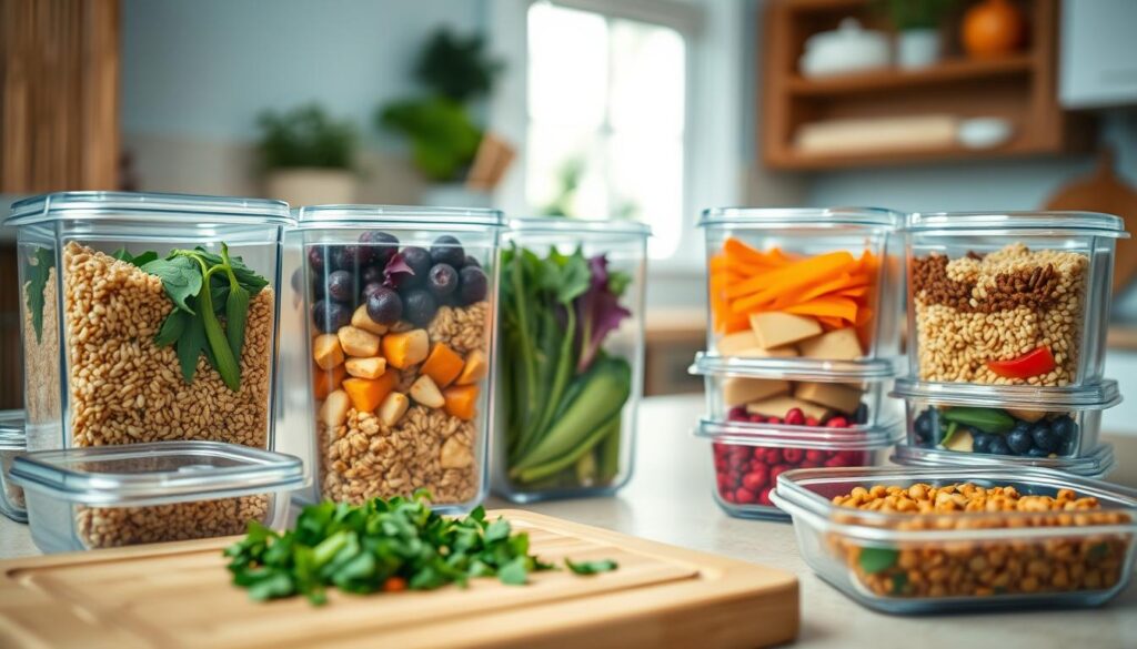 A neatly arranged set of vegetarian meal prep containers, featuring a variety of colorful, nutritious ingredients. In the foreground, sleek glass or BPA-free plastic containers hold hearty grains, crisp vegetables, and plant-based proteins like tofu or lentils. The middle ground showcases a cutting board with chopped herbs and spices, while the background features a cozy kitchen setting with wooden textures, light blue accents, and soft, natural lighting from a window. The overall atmosphere conveys efficiency, organization, and a commitment to healthy, time-saving meal preparation.