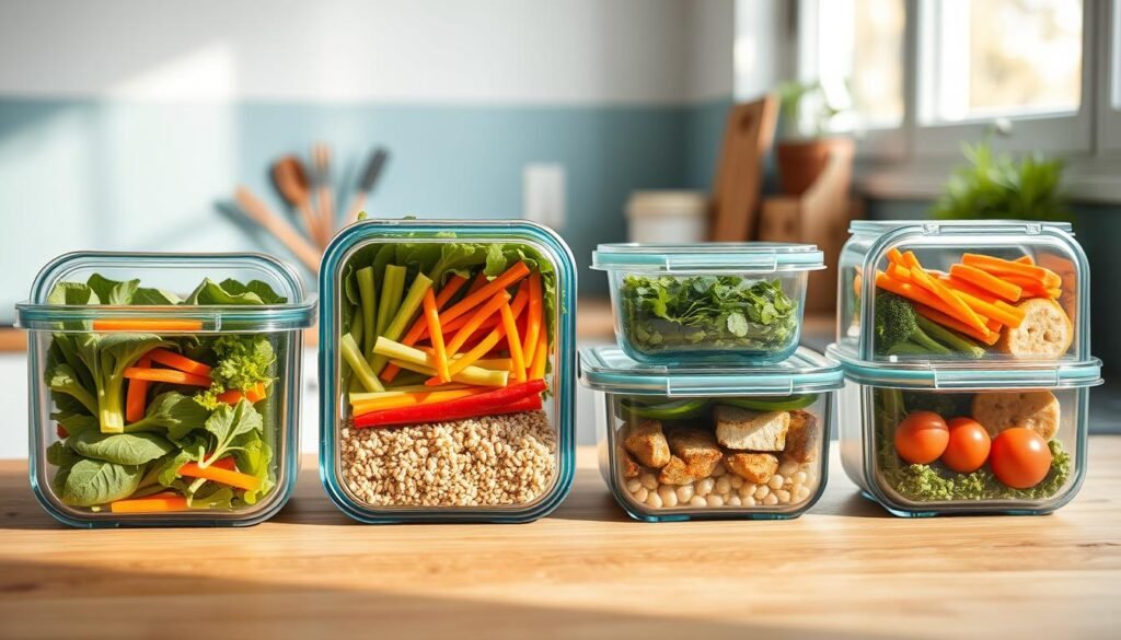A neatly arranged set of visually appealing meal prep containers in a cozy, minimal kitchen. The containers are filled with a balanced assortment of fresh, colorful ingredients - crisp greens, vibrant vegetables, lean proteins, and whole grains. The containers are made of sleek, light blue glass or ceramic with airtight lids, placed on a wooden countertop with a subtle light blue accent wall in the background. Soft, natural lighting from a large window casts a warm, inviting glow over the scene, highlighting the textures and colors of the meal components. The overall atmosphere conveys a sense of order, health, and motivation, perfectly suited for an office worker's visionary meal prep.