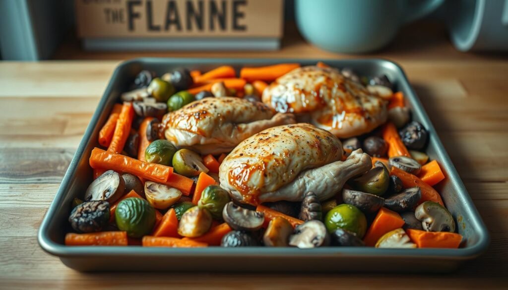 A neatly arranged sheet pan displays an assortment of roasted vegetables - vibrant carrots, tender brussels sprouts, earthy mushrooms, and crisp bell peppers. Atop the colorful medley, juicy chicken thighs sizzle in a light glaze, their golden-brown skin glistening under the soft, diffused lighting. The scene is set in a cozy, minimalist kitchen, with wooden textures and light blue accents providing a warm, inviting atmosphere. The camera angle captures the composition from a slightly elevated perspective, emphasizing the harmony of the ingredients and the simplicity of the sheet pan dinner preparation.