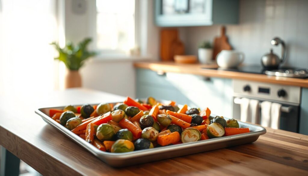 A neatly arranged sheet pan filled with an assortment of roasted vegetables, including crisp brussels sprouts, tender carrots, and vibrant bell peppers, creating a visually appealing and wholesome meal. The pan is positioned on a wooden countertop in a cozy, minimalist kitchen, bathed in soft, natural lighting that casts a warm glow. The kitchen features light blue accents, adding a calming and inviting atmosphere. The overall scene emphasizes the simplicity and convenience of sheet pan dinners, showcasing their ability to deliver delicious, nutritious meals with minimal effort.