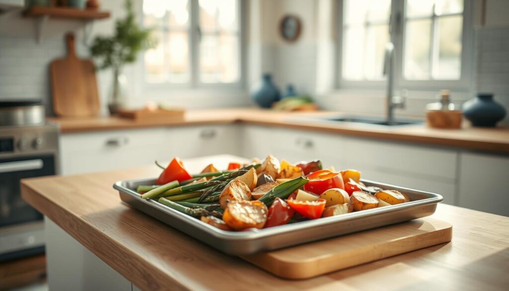 A neatly arranged sheet pan filled with an assortment of roasted vegetables, including vibrant bell peppers, tender asparagus, and crispy potatoes. The pan sits atop a wooden countertop in a cozy, minimal kitchen, bathed in soft, natural light filtering through large windows. The overall atmosphere is one of simplicity and effortless meal preparation, with a touch of blue accents in the decor. The scene conveys a sense of weekend relaxation and a focus on wholesome, home-cooked meals.