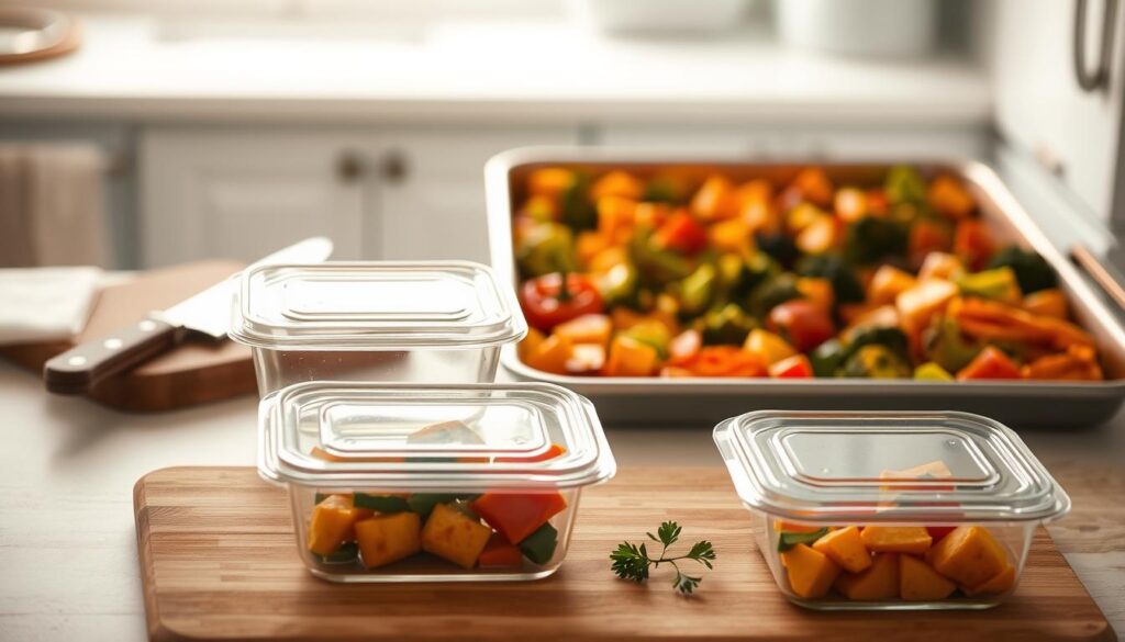 A neatly arranged sheet pan filled with an assortment of roasted vegetables, such as broccoli, sweet potatoes, and bell peppers, glistening with a light drizzle of olive oil. In the foreground, a couple of meal prep containers stand ready to be filled, their lids slightly ajar, inviting the viewer to imagine the healthy meals they will hold. The middle ground features a wooden cutting board, a sharp knife, and a few fresh herbs, hinting at the simple preparation process. The background is a cozy, minimal kitchen with light blue accents, the warm natural lighting casting a soft glow over the scene, creating a sense of ease and efficiency.