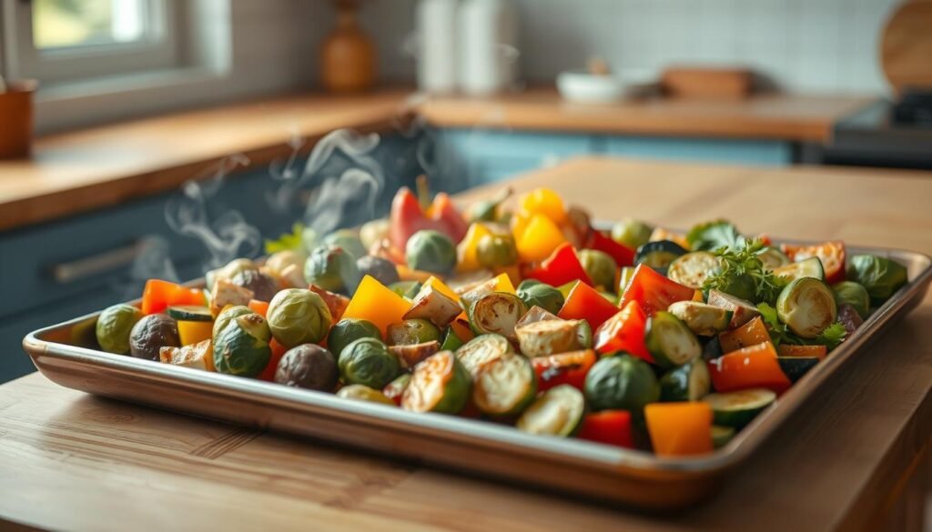A neatly arranged sheet pan overflows with an array of fresh, colorful vegetables - vibrant bell peppers, earthy Brussels sprouts, and tender zucchini. Wisps of steam rise from the pan, hinting at the savory aromas. The scene is bathed in soft, diffused light filtering through a nearby window, casting a warm glow on the wooden kitchen countertops and minimalist blue cabinetry. The focus rests solely on the hearty, gluten-free meal, highlighting the simplicity and ease of one-pan cooking for those with celiac disease.