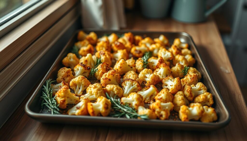 A neatly arranged sheet pan showcases a mouthwatering array of quick roasted cauliflower florets, their golden-brown edges caramelized to perfection. Vibrant green sprigs of fresh rosemary and thyme accent the savory dish, lending a rustic, aromatic touch. The scene is bathed in warm, natural light filtering through a nearby window, casting a cozy glow over the minimal kitchen with its wooden textures and light blue accents. The simplicity of the composition allows the satisfying, wholesome character of the quick and easy sheet pan dinner to take center stage.