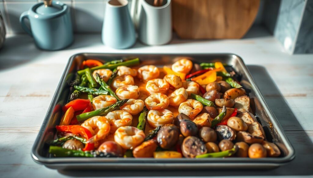 A neatly arranged sheet pan showcases a vibrant seafood medley: plump, succulent shrimp sizzling in a golden, garlic-infused oil, accompanied by an array of freshly roasted vegetables, including tender-crisp asparagus spears, vibrant bell pepper strips, and earthy baby potatoes. The scene is bathed in soft, natural lighting, casting a warm, inviting glow across the minimalist kitchen setting, adorned with light blue accents and natural wood textures. The composition emphasizes the ease and simplicity of this nutritious, calorie-conscious meal prep, ready to be enjoyed as part of a balanced, weight-conscious lifestyle.