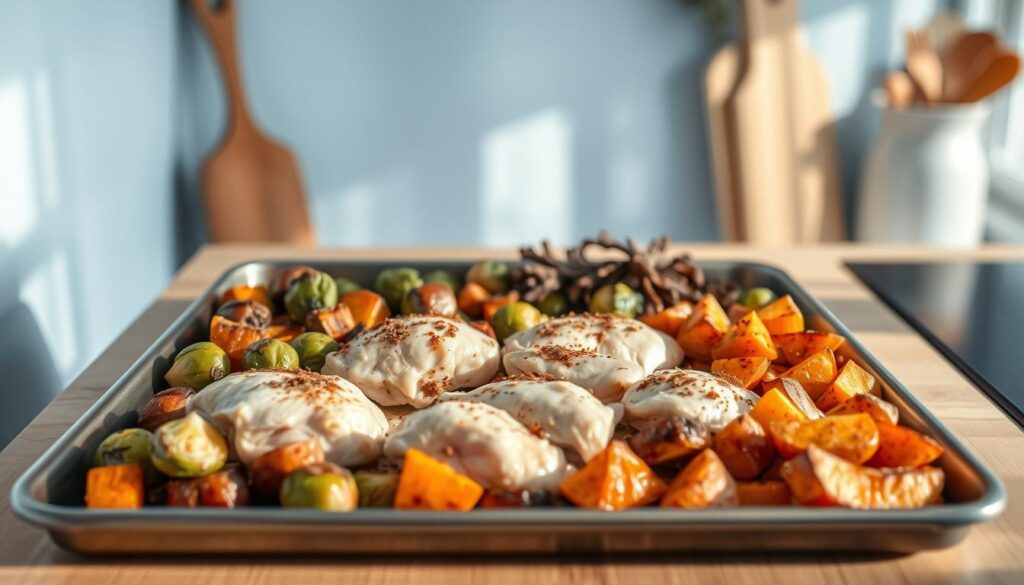 A neatly arranged sheet pan showcases an artful balance of ingredients - tender chicken thighs, vibrant roasted vegetables like Brussels sprouts and sweet potato wedges, and a scattering of fragrant spices. The lighting is soft and natural, casting gentle shadows that accentuate the textures. The overall scene evokes a sense of culinary harmony, inviting the viewer to imagine the flavors and aromas of a well-crafted sheet pan meal. The clean, minimalist kitchen setting with wooden accents and light blue hues provides a serene backdrop, allowing the key components to take center stage.