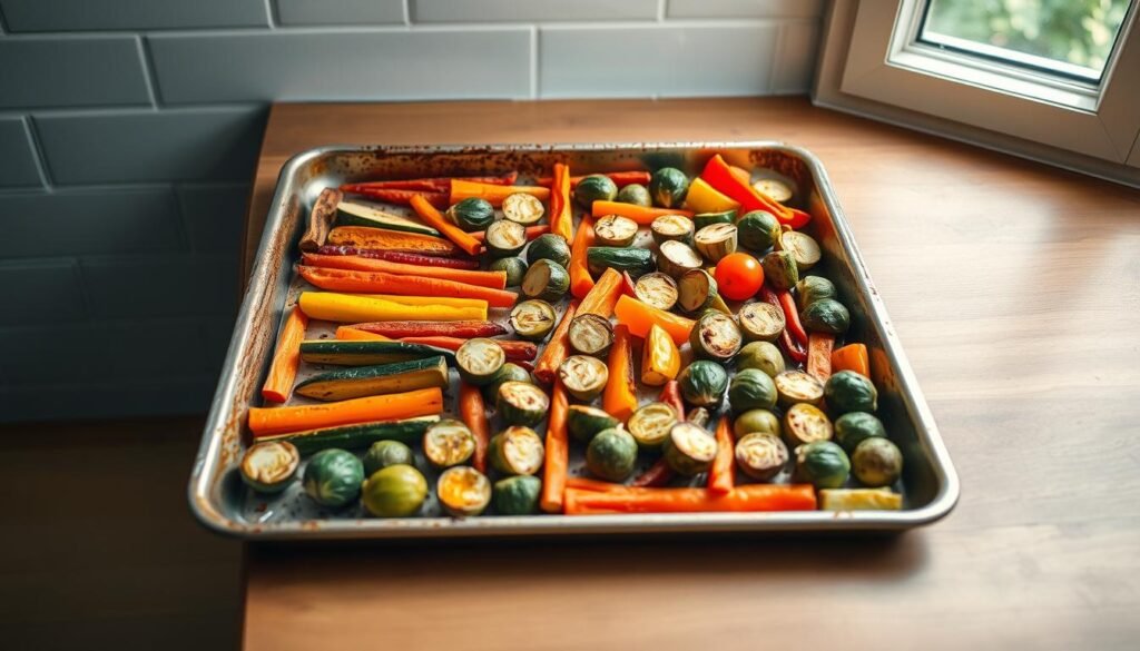 A neatly arranged sheet pan with an assortment of roasted rainbow vegetables, including vibrant carrots, zucchini, bell peppers, and brussels sprouts, sits on a wooden kitchen counter. The pan's edges are slightly charred, indicating a perfectly executed high-heat roast. Soft natural light filters in through a nearby window, casting a warm, inviting glow on the scene. The kitchen's minimalist, light blue accents create a serene, effortless atmosphere, emphasizing the ease of this cleanup-friendly meal prep solution.