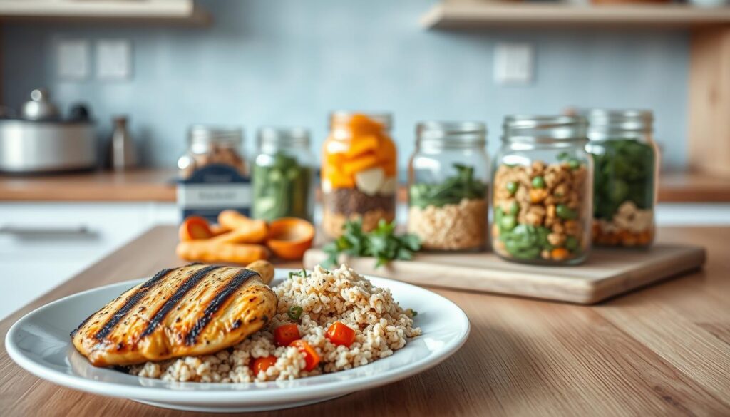 A neatly arranged spread of balanced macro meals on a wooden kitchen counter. In the foreground, a plate showcases a grilled chicken breast, quinoa, and roasted vegetables, their colors vibrant and appetizing. In the middle ground, glass jars filled with pre-portioned protein, carbs, and healthy fats sit alongside a cutting board with fresh herbs. The neutral, minimalist kitchen backdrop features light blue accents, creating a calming, nutritious atmosphere. The lighting is soft and natural, highlighting the textures and flavors of the carefully prepared meal prep. This image embodies the perfect balance of macronutrients and flavor for optimal weight loss.