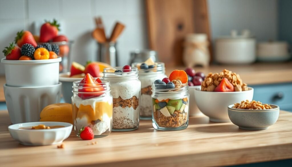 A neatly arranged spread of creative breakfast meal prep ideas showcased on a wooden kitchen counter with light blue accents. Various containers hold an assortment of fresh fruits, overnight oats, yogurt parfaits, and toasted granola clusters. The composition is bathed in soft, natural lighting, highlighting the vibrant colors and textures of the healthy ingredients. The clean, minimal styling evokes a sense of calmness and culinary inspiration, inviting the viewer to explore these delectable breakfast options.