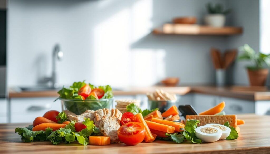 A neatly arranged spread of diet-friendly lunch options sits atop a wooden kitchen counter, bathed in soft, diffused natural light. In the foreground, a variety of fresh vegetables, including crisp green salad, juicy tomatoes, and crunchy carrots, are complemented by lean protein sources such as grilled chicken and hard-boiled eggs. In the middle ground, a selection of whole-grain crackers and a small container of hummus provide a satisfying and nutritious snack. The background features a clean, minimalist aesthetic with light blue accents, creating a calming and inviting atmosphere for this healthy and delectable lunchbox ensemble.