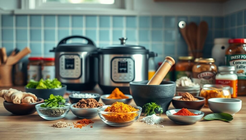 A neatly arranged spread of essential curry meal prep ingredients and tools on a wooden kitchen counter. In the foreground, fresh ginger, turmeric, cumin, coriander, and other spices in small bowls. In the middle, an Instant Pot, a heavy-bottomed saucepan, and a mortar and pestle. In the background, jars of coconut milk, tomato paste, and other pantry staples, set against a light blue tiled wall. Warm, directional lighting from a window casts a soft glow, highlighting the textures and colors. The overall mood is one of organized efficiency and global culinary inspiration.