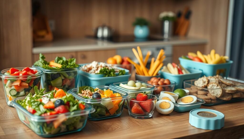 A neatly arranged spread of fresh, nutritious cold lunch options on a wooden table in a cozy, minimal kitchen. In the foreground, a variety of vibrant salads and sandwiches in glass containers, their colors and textures popping against the light blue accents. In the middle ground, an array of sliced fruits, raw vegetables, and protein-rich snacks like hard-boiled eggs and nut butter cups. The background softly fades into the natural wooden tones, creating a calming, inviting atmosphere. Indirect lighting gently illuminates the scene, highlighting the care and attention put into each carefully curated item. This image conveys the simplicity and deliciousness of a well-planned, nourishing cold lunch.