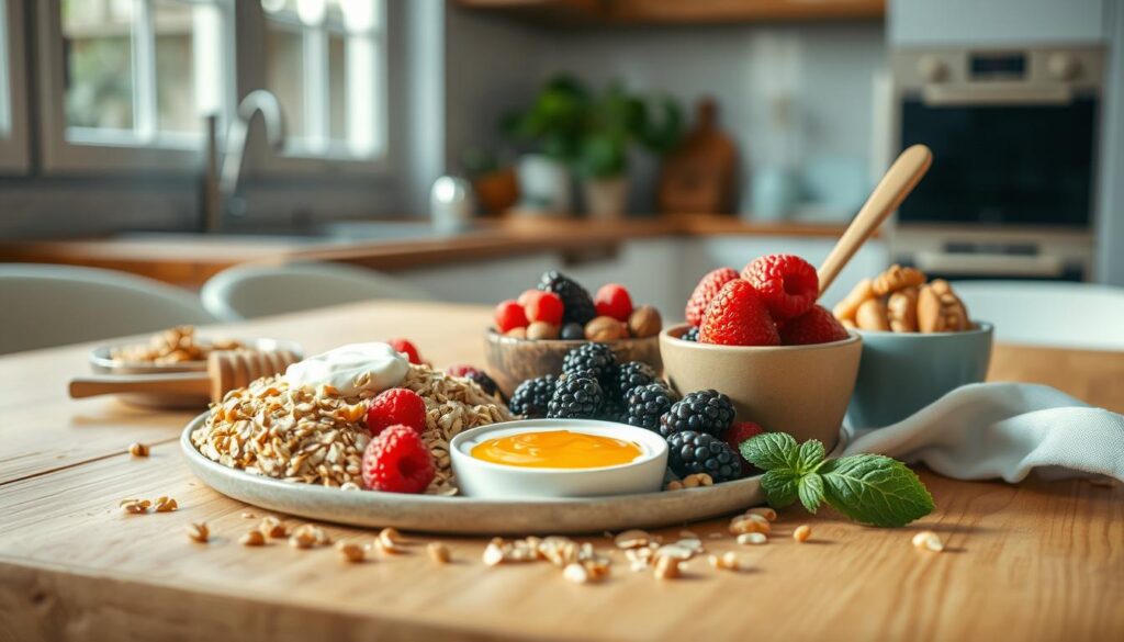 A neatly arranged spread of fresh, wholesome ingredients for a balanced breakfast meal prep: hearty oats, juicy berries, creamy yogurt, crunchy nuts, and a drizzle of honey. The scene is set in a cozy, minimalist kitchen, with soft light filtering through large windows and casting a warm glow on the wooden textures and light blue accents. The composition is clean and uncluttered, inviting the viewer to imagine the satisfying flavors and nutritious start to the day.