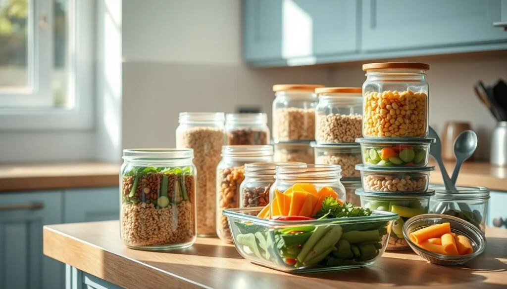 A neatly arranged spread of fresh, wholesome ingredients in sleek, stackable meal prep containers sits atop a wooden kitchen counter. Sunlight streams through a nearby window, casting a warm glow over the scene. Glass jars filled with various grains, legumes, and colorful vegetables create a vibrant focal point, hinting at the nutritious, plant-based meals to come. The minimalist, light blue cabinetry and simple metal utensils contribute to an overall sense of calm and efficiency, perfectly encapsulating the concept of 