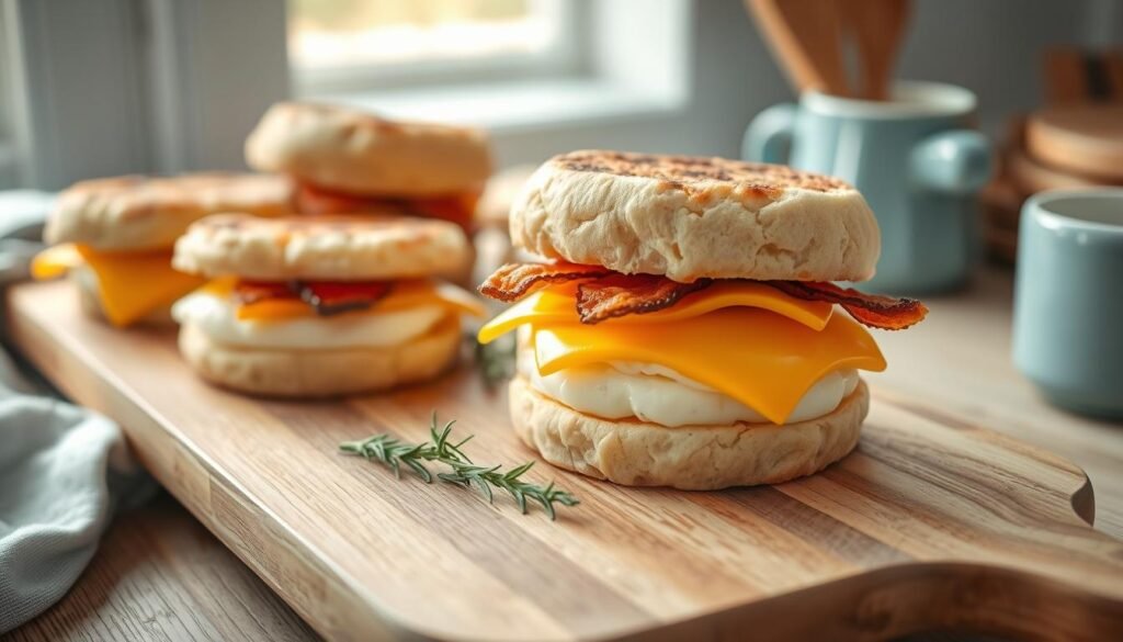 A neatly arranged spread of freshly prepared breakfast sandwiches, featuring fluffy egg patties, crisp bacon, and melted cheddar cheese, nestled between soft, toasted English muffins. The sandwiches are artfully presented on a wooden cutting board, accompanied by sprigs of fresh herbs, such as rosemary and thyme, adding a rustic, gourmet touch. Soft, natural lighting illuminates the scene, creating a cozy, inviting atmosphere in a minimalist kitchen setting with light blue accents and wooden textures. No hand is visible, allowing the focus to remain solely on the delectable meal prep.