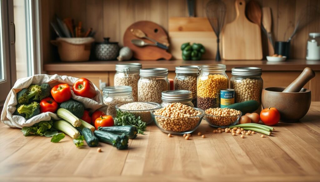 A neatly arranged spread of healthy dinner meal prep ingredients on a wooden table, illuminated by soft, natural lighting from a nearby window. In the foreground, fresh produce like broccoli, bell peppers, and zucchini spill out of reusable cloth bags. The middle ground features a variety of whole grains like quinoa, brown rice, and farro in glass jars, along with canned chickpeas and lentils. In the background, a few cooking utensils, a cutting board, and a mortar and pestle hint at the preparation to come. The overall atmosphere is calm, organized, and inviting, with pops of light blue accenting the wooden textures of the kitchen.