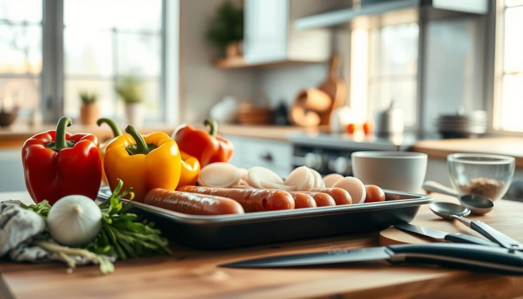 A neatly arranged spread of kitchen essentials for sheet pan cooking, set against a backdrop of a cozy, minimalist kitchen. In the foreground, a variety of fresh produce - bell peppers in vibrant colors, sliced onions, and plump Italian sausages. Surrounding them, an assortment of essential tools: a sturdy sheet pan, a sharp chef's knife, a cutting board, a mixing bowl, and a set of measuring spoons. The scene is bathed in soft, natural light filtering through large windows, casting a warm glow over the wooden textures and light blue accents of the space.