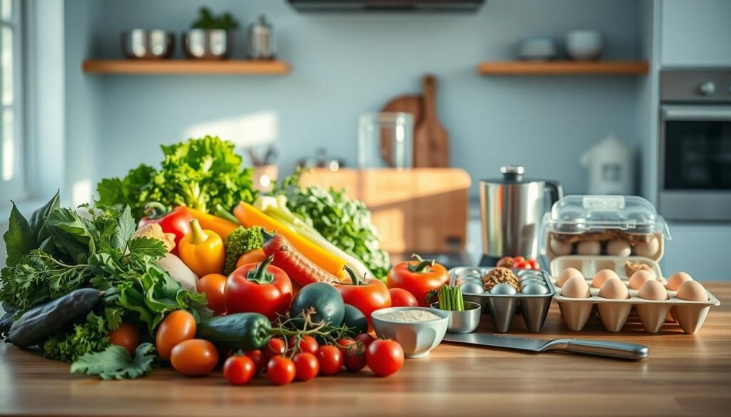 A neatly arranged spread of meal prep essentials on a wooden kitchen counter, bathed in soft, natural lighting. In the foreground, an array of fresh vegetables, herbs, and spices. Behind them, a set of stainless steel mixing bowls, measuring cups, and a handheld blender. In the middle ground, a cutting board and a sharp chef's knife, alongside a carton of eggs and a pack of English muffins. In the background, a clean, minimalist kitchen with light blue accents, conveying a sense of order and efficiency. The overall scene exudes a cozy, inviting atmosphere, perfect for preparing a gourmet breakfast.