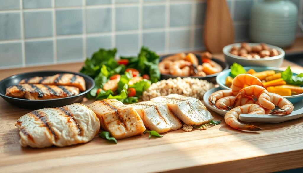 A neatly arranged spread of protein-rich meal components on a wooden kitchen countertop. In the foreground, grilled chicken breasts, pan-seared salmon fillets, and sautéed shrimp lay alongside vibrant green salad, quinoa, and roasted vegetables. Soft, natural lighting from the side casts gentle shadows, creating a warm, inviting atmosphere. The clean, minimalist aesthetic is accented by light blue accents, reflecting the tranquil mood. No hands are visible, focusing the viewer's attention solely on the delicious, gluten-free meal prep options.