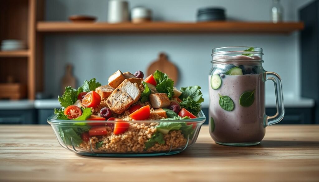 A neatly arranged spread of protein-rich meal prep containers on a wooden kitchen counter, bathed in soft, natural lighting. The main focal point is a vibrant salad composed of grilled chicken, quinoa, roasted sweet potatoes, and a variety of fresh vegetables like kale, tomatoes, and cucumbers. Alongside, a mason jar filled with a protein-packed smoothie featuring Greek yogurt, berries, and spinach. In the background, a subtle hint of a minimalist, light blue-accented kitchen with wooden cabinetry and shelving, creating a cozy, homey atmosphere. No hand visible, emphasizing the prepared, ready-to-eat nature of the meal.