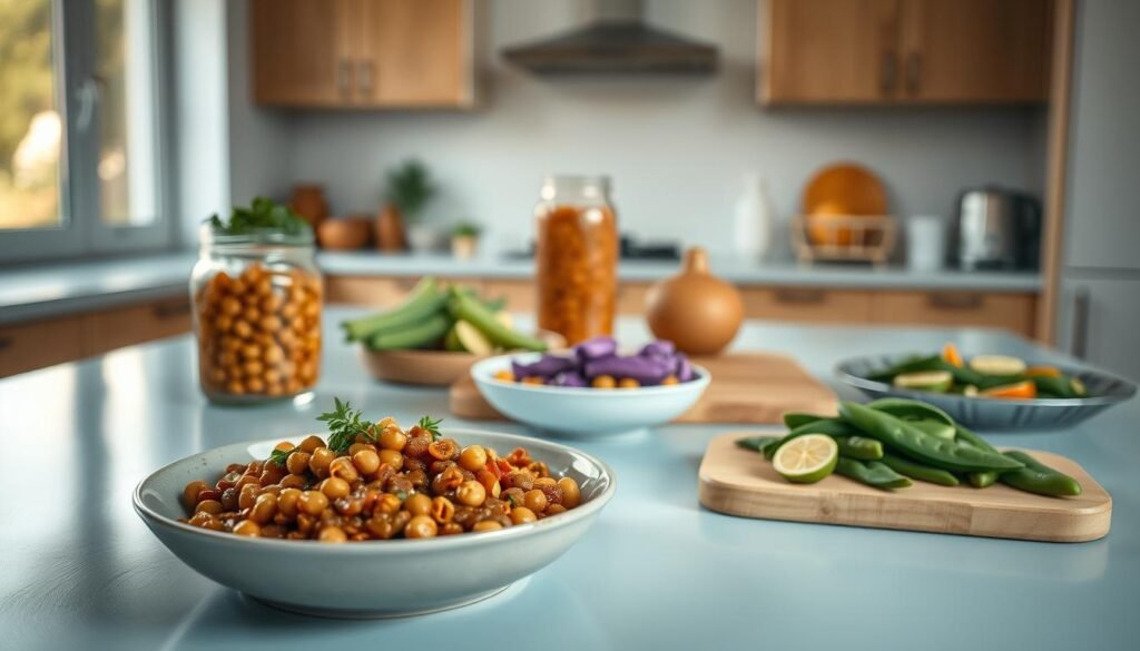 A neatly arranged spread of seasonal legume dishes on a light blue toned kitchen counter, bathed in warm, soft lighting from a large window. In the foreground, a bowl of lentil stew, garnished with fresh herbs. Behind it, a glass jar filled with marinated chickpeas, and a plate of roasted edamame with a drizzle of sesame oil. The middle ground features a cutting board with sliced vegetables, complementing the legume dishes. The background showcases a minimal, wooden-accented kitchen, suggesting a cozy, homemade atmosphere.